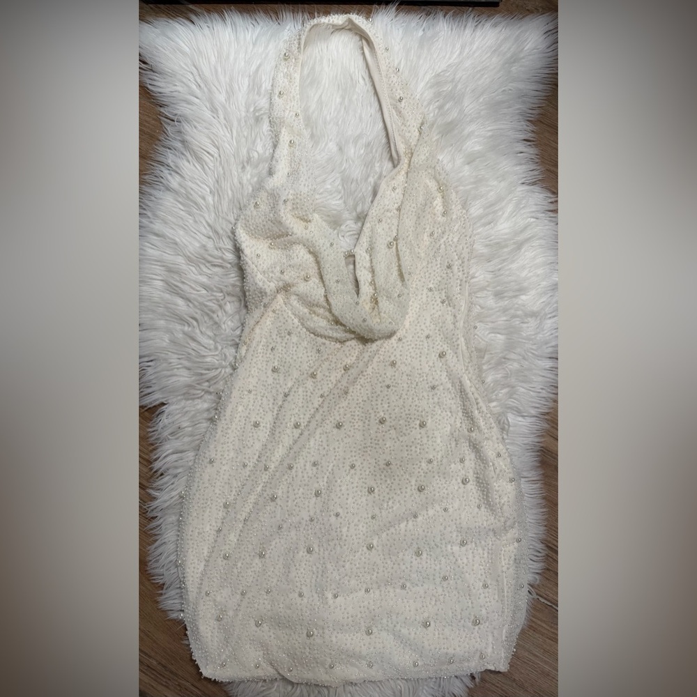 Oh Polly Pearl Beaded Halter Mini Dress Ivory Plunge Cowl Neck UK 8 US 4 - Picture 3 of 7